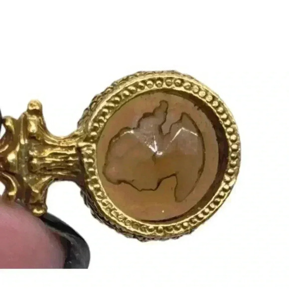 Vintage Goldette 3 Strand Cameo Necklace Amber Crystal Glass Intaglio 1950s - Picture 6 of 16